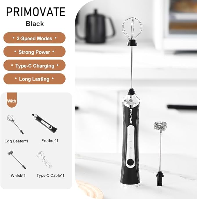 Rechargable Milk Frother, Handheld Drink Mixer with Whisk Attachment, 2025 upgraded, powerfull 3 speed motor, Type C charging with charge light, with extra egg mix head (Black with Stand)