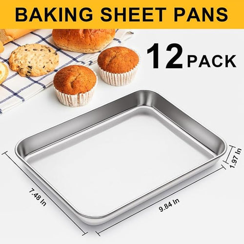 12Pcs Stainless Steel Baking Sheet Pan Set, Cookie Sheet Metal Baking Pan Oven Tray, Cooking Baking Sheet for Toaster Oven, Easy Clean, Dishwasher Safe, 9 x 7 x 1 Inch
