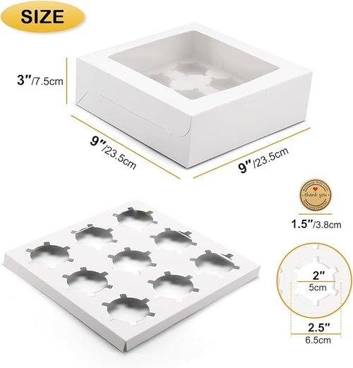 16 Sets of 9-Count White Cupcake Boxes with Window and Insert, 9x9x3 Inch, Suitable for Cupcakes, Muffins, and Cookies