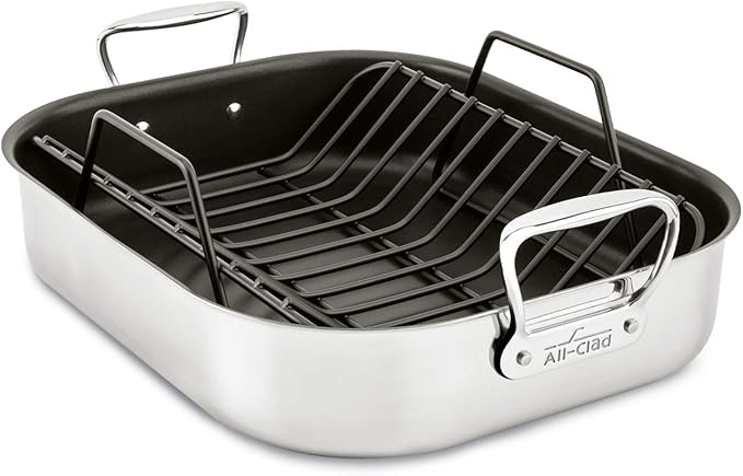 All-Clad Specialty Stainless Steel Large Roaster with Nonstick Rack 13x16 Inch Oven Broiler Safe 500F Roaster Pan, Pots and Pans, Cookware Silver
