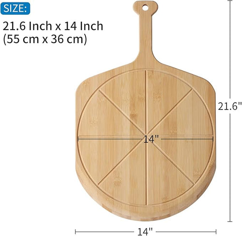 14” Bamboo Pizza Peel - Lightweight Smooth Wooden Pizza Paddle and Pizza Cutting Board with 8 Slice Grooves, Outdoor Pizza Oven Accessories, 21.6 Inch x 14 Inch