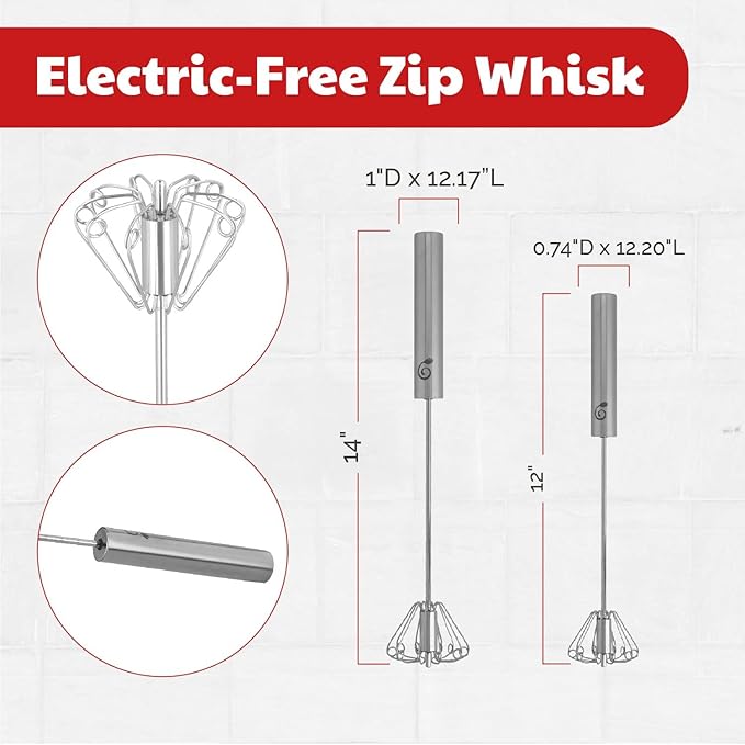 Stainless Steel Egg Whisk - Easy to Use Semi-Automatic Push-Down Zip Whisker - Rotary Hand Mixer for Beating Eggs, Frothing Milk, Blending, Mixing, Whipping Smoothies & Shakes - 2 Pack (12 &14 Inch)