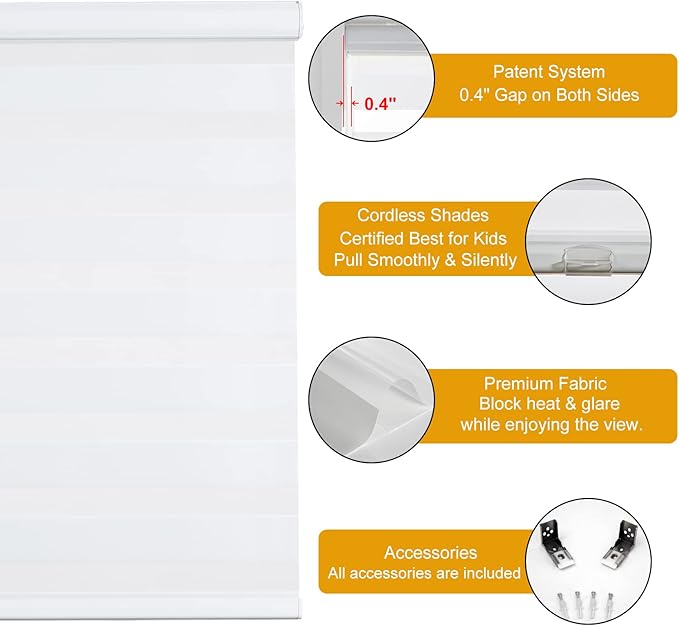 Persilux Cordless Zebra Blinds for Indoor Windows, Free-Stop Zebra Blinds Cordless, Light Filtering Sheer Shades Dual Layer for Day and Night, Zebra Roller Shades for Home (36.5" W X 64" H, White)