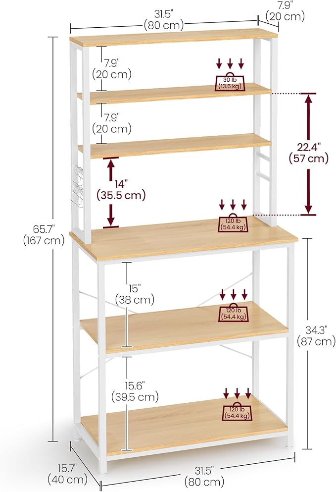 VASAGLE Coffee Bar, 31.5 Inches Baker's Rack for Kitchen with Storage, 6-Tier Kitchen Shelves with 6 Hooks, Microwave Stand, Industrial, Oak Colour and White UKKS019W09
