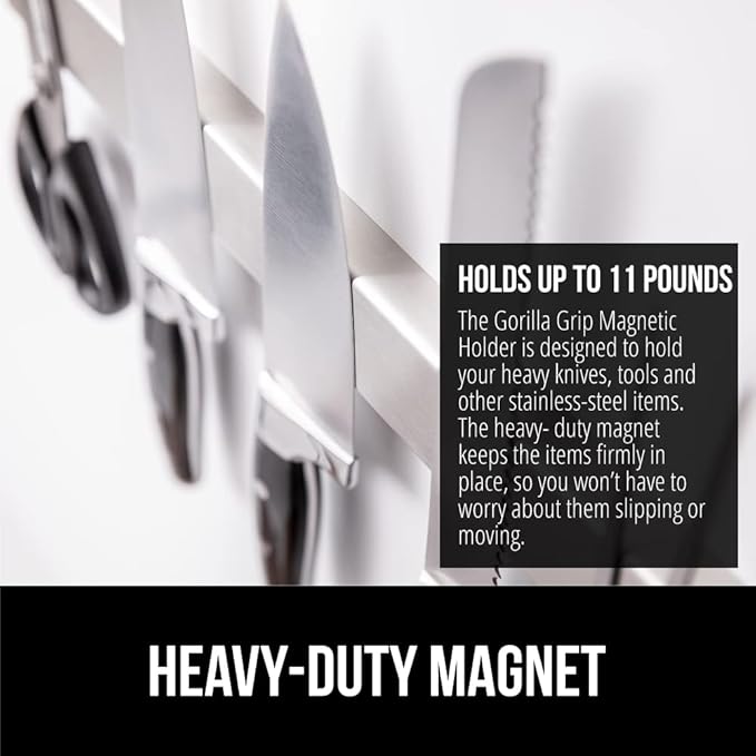 GORILLA GRIP Stainless Steel Magnetic Knife Holder for Wall, 18 Inch, Multi-Purpose Magnet Bar for Knives, Tools, Art Supplies, Heavy Duty Strip Holds Up to 6 lbs, Kitchen Organizer, Drilling Required