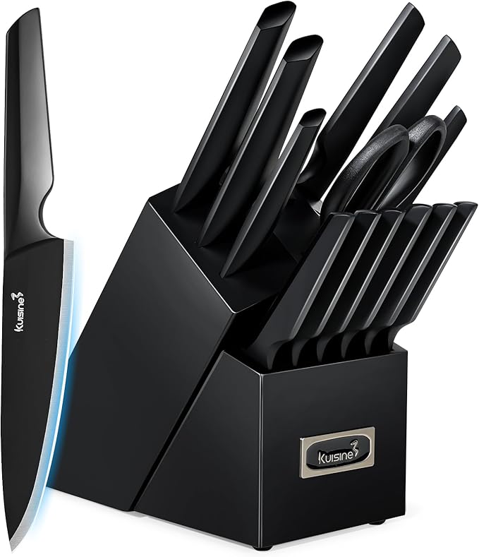 Kuisine Premium Knife Set,One-piece Steel Molding,High Carbon Stainless Steel Ultra Sharp,Non-slip Ergonomic Solid Steel Handle,Built-in Sharpener Knife Block Set,Luxury Gift(15PCS,BlackPro EX)
