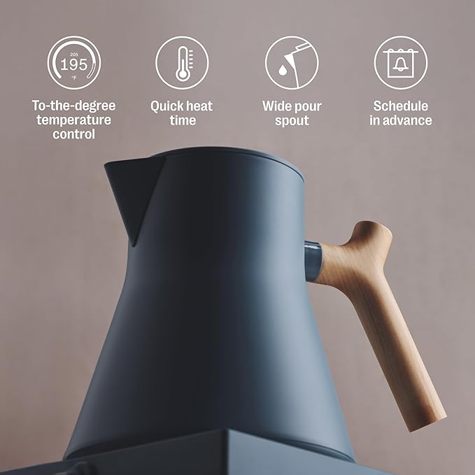 Fellow Corvo EKG Pro Electric Tea Kettle - Quick Heating, Precise Temperature Control Electric Kettle, Scheduling, Built-in Brew Timer for Boiling Water - Hazy Blue with Maple Handle - 0.9 Liter