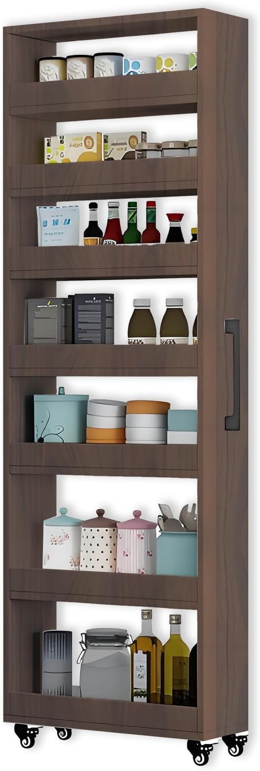 7-Tier Slim Storage Cart, Wooden Rolling Pantry Cabinet with Wheels, Narrow Shelf Organizer for Kitchen, Bakers Rack, Dining Room, Closet, Small Spaces Teak 73.2''H*7.8''W*19.6''D