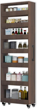 7-Tier Slim Storage Cart, Wooden Rolling Pantry Cabinet with Wheels, Narrow Shelf Organizer for Kitchen, Bakers Rack, Dining Room, Closet, Small Spaces Teak 47.2" H*9.8" W*23.6" D