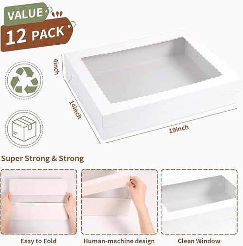 12pcs 19x14x4 inch Cake Boxes with Window，White Rectangle Sheet Large Bakery Boxes for Pastry Dessert Cake, Cupcakes Donuts Cookies Pie Treat Packaging