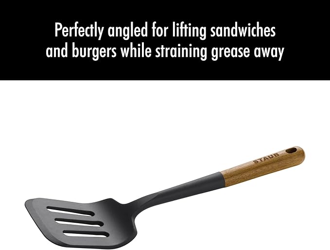 STAUB Silicone Spatula Turner, Perfectly Angled for Lifting Pancakes, Sandwiches and Picking up Veggies Durable BPA-Free Matte Black Silicone, Acacia Wood Handles, Safe for Nonstick Cooking Surfaces