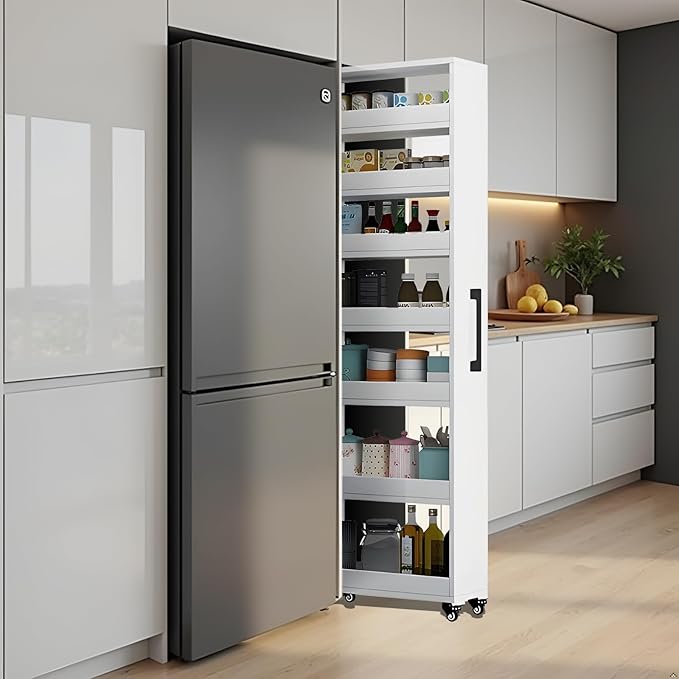 7-Tier Slim Storage Cart, Wooden Rolling Pantry Cabinet with Wheels, Narrow Shelf Organizer for Kitchen, Bakers Rack, Dining Room, Closet, Small Spaces Gray 47.2" H*5.9" W*16.9" D