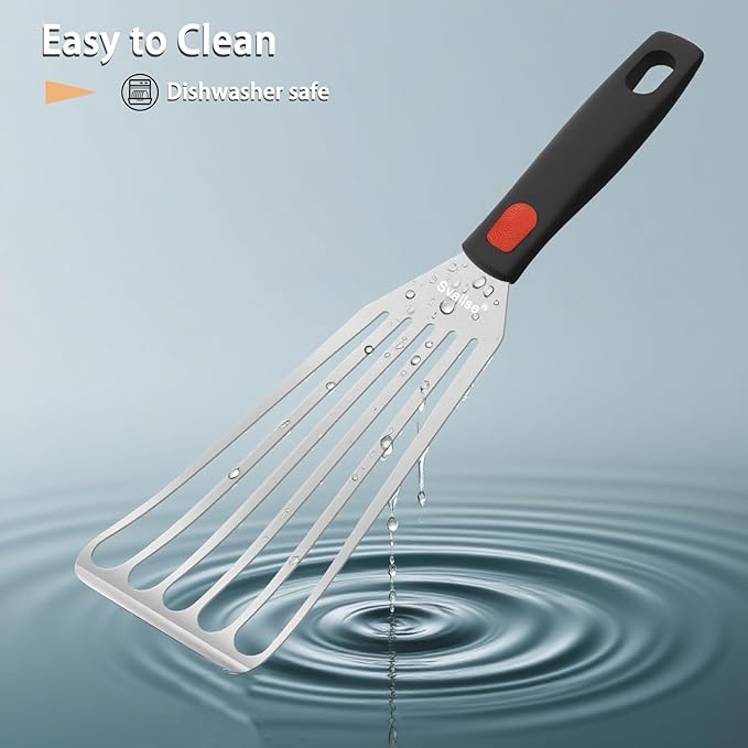 Fish Spatula Stainless Steel, Flexible Metal Spatulas with Silicone Handle, Slotted Turner for Kitchen, Cooking, Grilling, Flipping, Turning, Egg, Pancake and Burger (Large, 12.2 Inch)