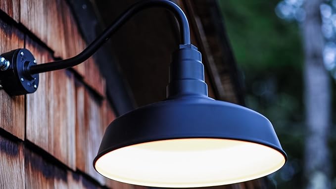 Steel Lighting Co. Gardena Barn Light | Outdoor Wall Mounted | 16" Dome | 23" Gooseneck | Farmhouse Light Made in America | Modern Gray Exterior/Brass Interior