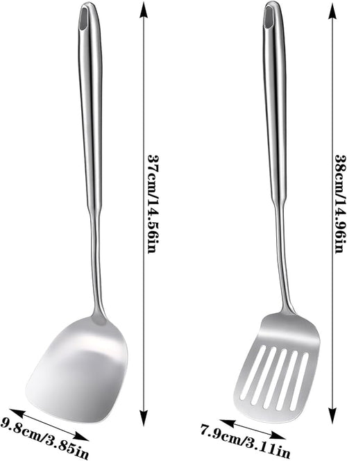 2 Pack 18/10 Stainless Steel Spatula Set 15” L Metal Spatulas for Kitchen Use, Silver Slotted Turner Solid Turner Kitchen Cooking Utensils Set, Heat Resistant Dishwasher Safe Easy to Clean