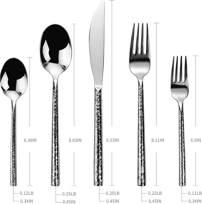 18/10 Stainless Steel Flatware Set Hand Forged Silverware Set Cutlery Set Round Hammered Handle Mirror Finished Heavy Duty 20 Pieces Service for 4