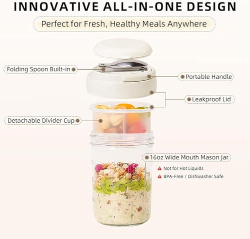 2 Pack Overnight Oats Containers with Lids and Handles, Folding Spoons & Divided Compartments for Fruit & Nuts, 16oz Glass Mason Jars for Oatmeal, Meal Prep & Breakfast (Cream 2pcs)