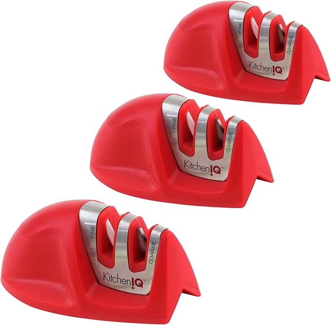 KitchenIQ 51421 | Edge Grip 2-Stage Knife Sharpener | Red – 3 Pack | Coarse & Fine Sharpener | Compact for Easy Storage | Stable Non-Slip Base | Soft Grip Rubber Handle | Straight & Serrated Knives