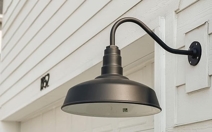 Steel Lighting Co. Gardena Barn Light | Outdoor Wall Mounted | 16" Dome | Upward Sloping Gooseneck | Farmhouse Light Made in America | Gray Blue Exterior/Brass Interior
