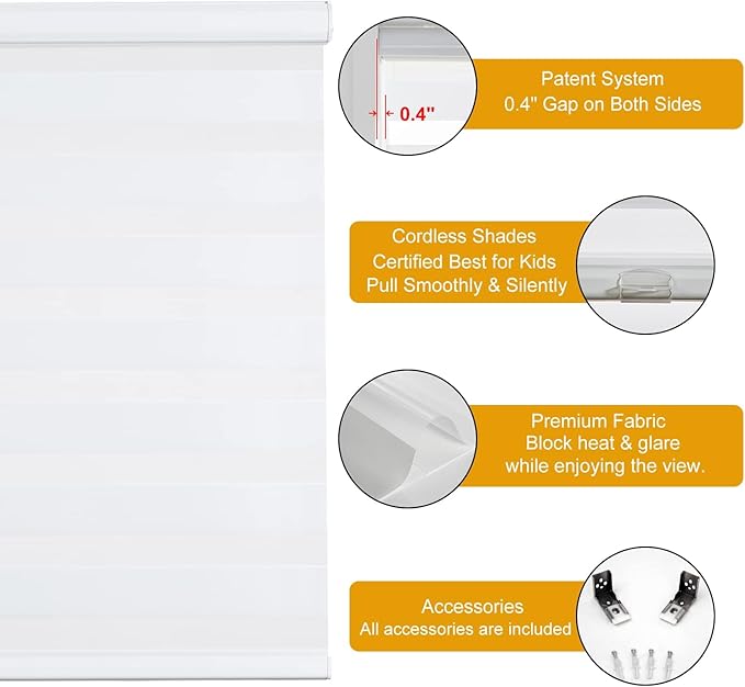 Persilux Cordless Zebra Blinds for Windows, Roller Shades for Windows (34.5" W x 64" H, White) Dual Layer Fabric for Day and Night,Room Darkening Shades for Home, Office, Bedroom and Living Room