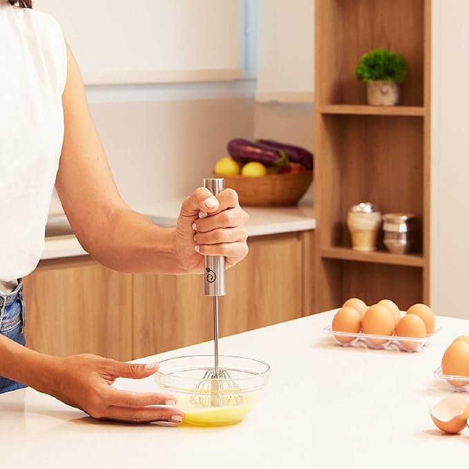 Stainless Steel Egg Whisk - Easy to Use Semi-Automatic Push-Down Zip Whisker - Rotary Hand Mixer for Beating Eggs, Frothing Milk, Blending, Mixing, Whipping Smoothies & Shakes - 2 Pack (12 &14 Inch)