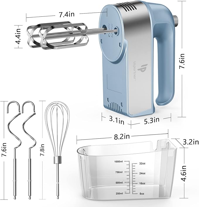 Hand Mixer Electric, 450W Kitchen Mixers with Scale Cup Storage Case, Turbo Boost/Self-Control Speed + 5 Speed + Eject Button + 5 Stainless Steel Accessories, For Easy Whipping Dough,Cream,Cake