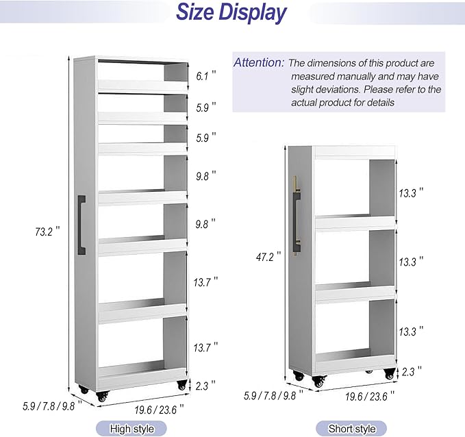 7-Tier Slim Storage Cart, Wooden Rolling Pantry Cabinet with Wheels, Narrow Shelf Organizer for Kitchen, Bakers Rack, Dining Room, Closet, Small Spaces Warm White 73.2‘’H*5.9''W*19.6''D