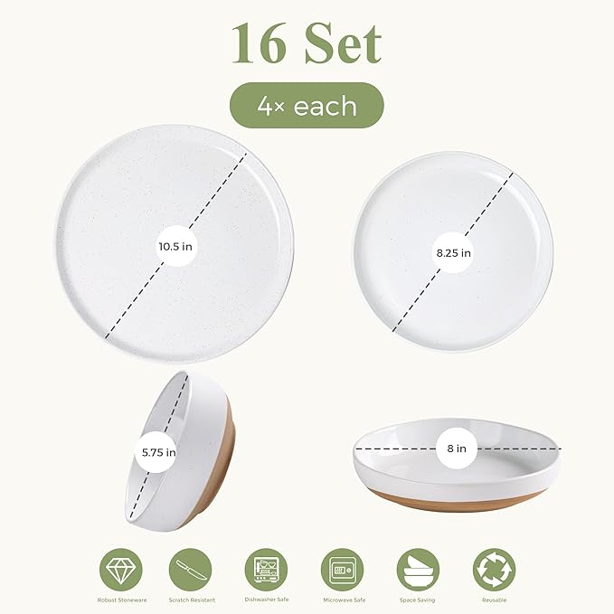 AmorArc Ceramic Dinnerware Sets with Pasta Bowls for 4, Handpainted Plates and Bowls Set with Rustic Terracotta Underside, Scratch Resistant Dishes Set, Dishwasher & Microwave Safe, 16 Pcs