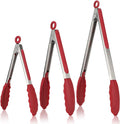 U-Taste Kitchen Tongs, 7/9/12 inches Cooking Tongs, with 600ºF High Heat-Resistant Non-Stick Silicone Tips, 18/8 Stainless Steel Handle, for Food Grill, Salad, BBQ, Frying, Serving, Pack of 3(Red)