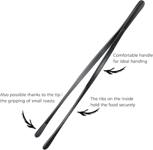 12-Inch Professional Kitchen & Cooking Tweezers Tongs - Stainless Steel Long Tweezer Tongs - Black Coated - BBQ,Plating,Multi-use