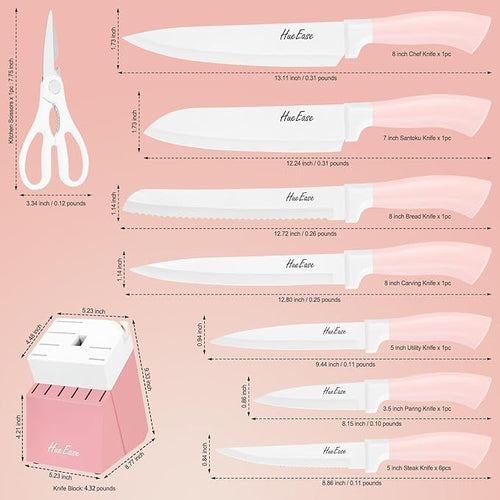 14 Pieces Knife Set with Block, Ceramic White Coating, High Carbon Stainless Steel Sharp Blade Block Knife Set, Dishwasher Safe Cutlery, Colliding Pink