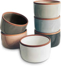 Mora Ceramic Ramekins - 4oz, Set of 6 - Small Oven Safe Baking Dishes/Cups - For Personal Pudding, Creme Brulee, Souffle, Serving Dip, Custard, Ice Cream - Single Mini Bowls - Assorted Neutrals