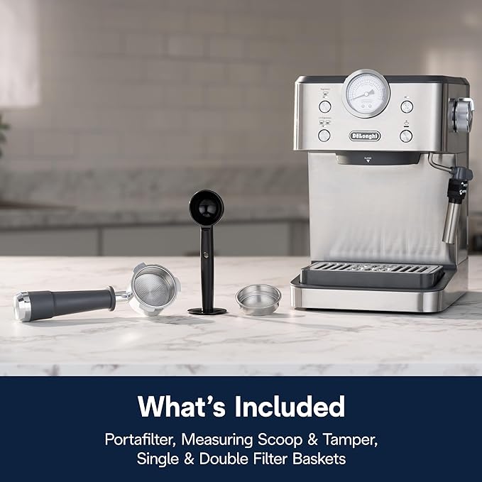 De’Longhi Classic Espresso Machine with Milk Frother, 15-Bar Pump & Temperature Control - Barista Coffee Maker Kit for Espresso, Latte, Cappuccino & Iced Coffee - Italian Stainless Steel Design