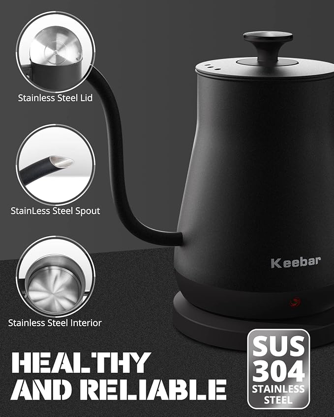 Electric Kettle, Gooseneck Kettle with Auto Shut Off, 0.8L Small Eletric Tea Kettle, Precise Spout Designed for Coffee Tea, 1000W Quick Heat Up, Stainless Steel, Matte Black