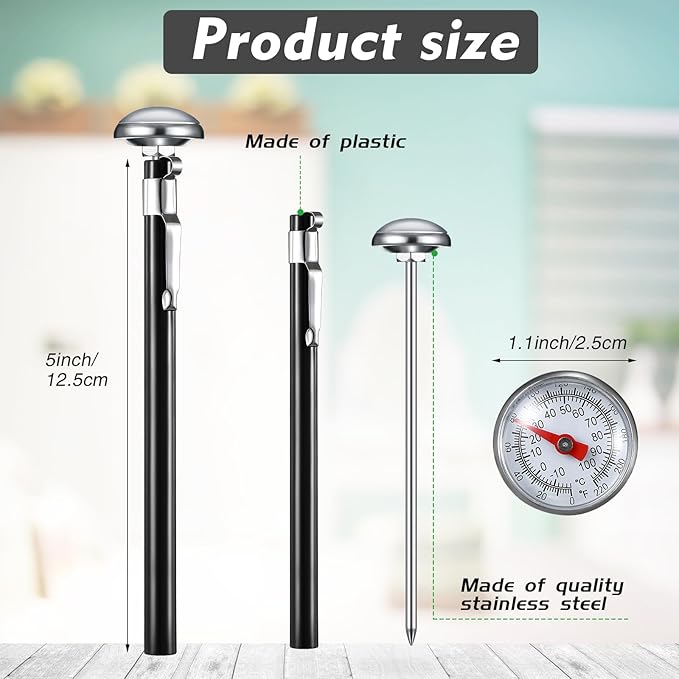 Xuhal 12 Pcs Stainless Steel Kitchen Thermometer with 5 Inch Long Stem 1 Inch Dial Thermometer Milk Frothing Food for Oven Probe Meat Grill BBQ Cooking Chocolate Water (Black)