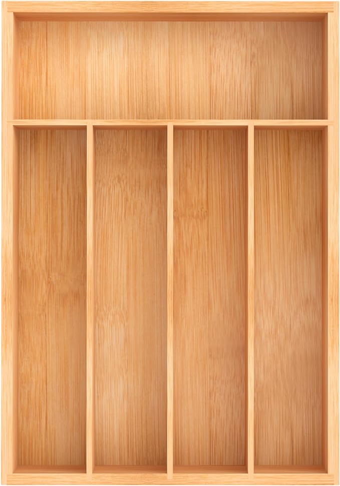 Bamboo Utensil Drawer Organizer, Kitchen Organizer for Flatware Cutlery, Silverware Tray for Drawer (5 Slots, Natural)