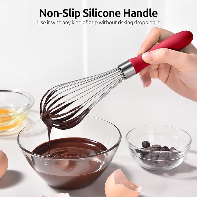 U-Taste 9" Small Egg Whisk: 18/10 Stainless Steel Kitchen Cooking Wire Balloon Wisk, Heavy Duty Metal Beater Stirrer, Manual Baking Tool with 6 Flex Wires for Hand Mixing, Blending Sauce (Red)