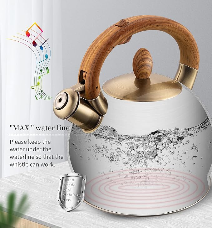 Tea Kettle & Tea Pot, 2.64 Quart Food Grade Stainless Steel Induction Whistling Tea Kettle for Stove Top Home Daily Use Teapot with Cool Touch Ergonomic Handle Polished Black