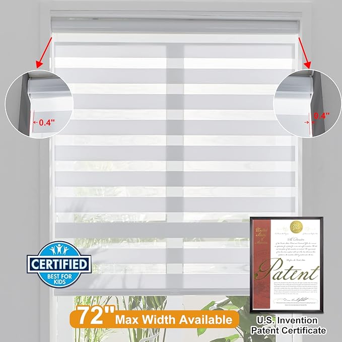 Persilux Cordless Zebra Blinds for Indoor Windows, Free-Stop Light Filtering Sheer Shades, Dual Layer for Day and Night, Roller Shades for Home (35.25" W X 72" H, White)