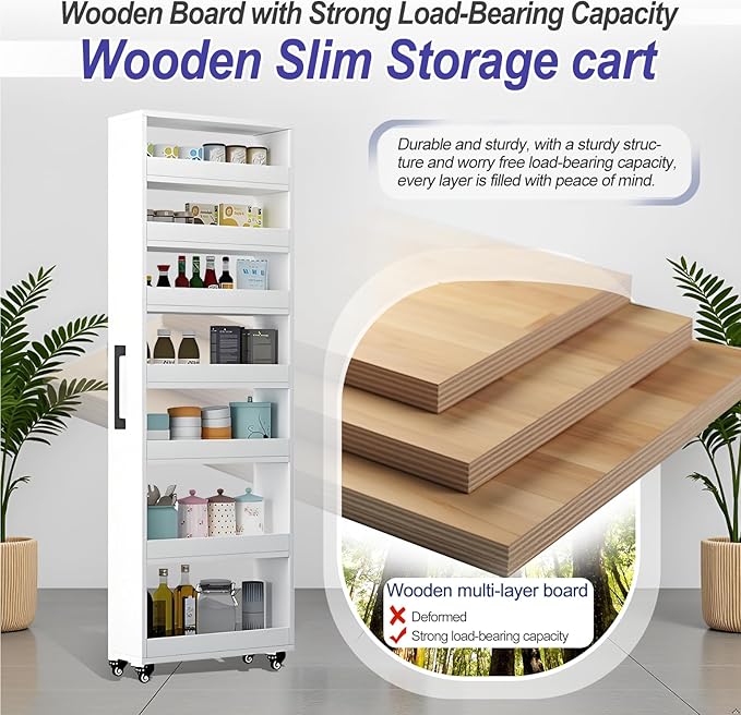 7-Tier Slim Storage Cart, Wooden Rolling Pantry Cabinet with Wheels, Narrow Shelf Organizer for Kitchen, Bakers Rack, Dining Room, Closet, Small Spaces Dark Walnut 73.2" H*7.8" W*23.6" D
