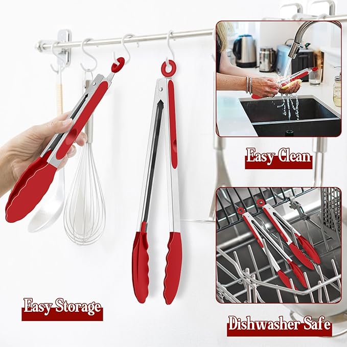 TeamFar Kitchen Tongs, 9" and 12" Stainless Steel Cooking Tongs with Silicone Tips for Cooking Grilling Serving & BBQ, Heat Resistant Silicone Tongs, Locking Design & Dishwasher Safe, Set of 2 & Red