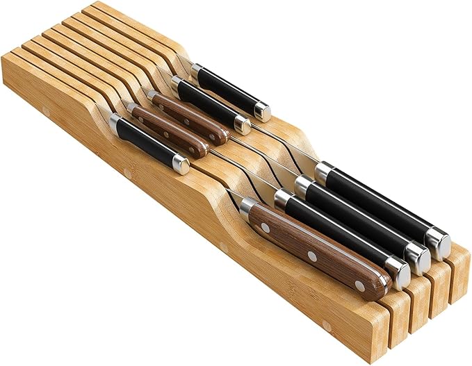 Bamboo In-Drawer Knife Block for 9 Knives(Not Included), Knife Drawer Organizer,Knife Holder Countertop,Block Knife Storage Organizer for Kitchen