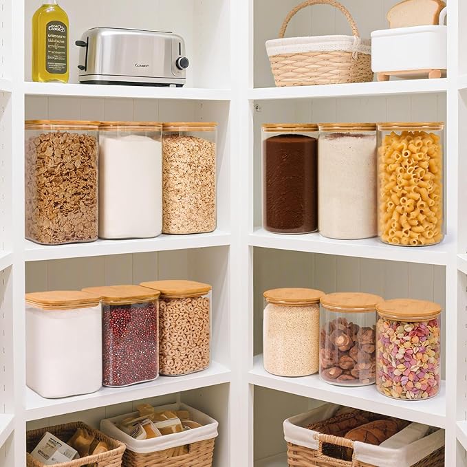 ComSaf Glass Food Storage Containers, 3.2Qt / 1.4Qt Glass Flour and Sugar Containers with Airtight Lids, 7.1'' Wide Mouth Large Glass Jars with Bamboo Lid for Rice, Pasta, Oats, Grains, Cookie, Candy