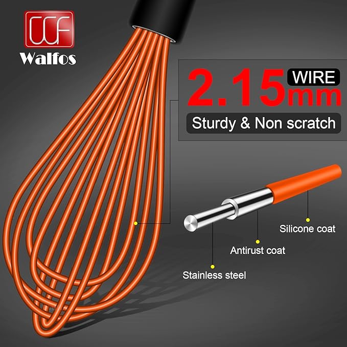 Walfos Whisk, Silicone Whisks Set of 5, Mini Stainless Steel Whisk 7+5in and Non Scratch Coated 7+9+11in Whisks, Suitable for Blending, Whisking, Beating, Frothing & Stirring. (Orange)