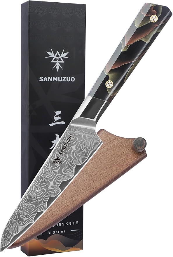 Kitchen Utility Knife 5 Inch, Professional Kitchen Chef Knife, Ultra Sharp Damascus Powder Steel with Full-tang Resin Handle, Bi Series