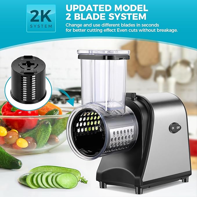 Electric Cheese Grater, 250W Electric Slicer Shredder, One-Touch Control Electric Salad Machine for Cheese, Fruits, Vegetables, Salad Maker with 5 Different Shapes of Blades, 2025 Upgrade
