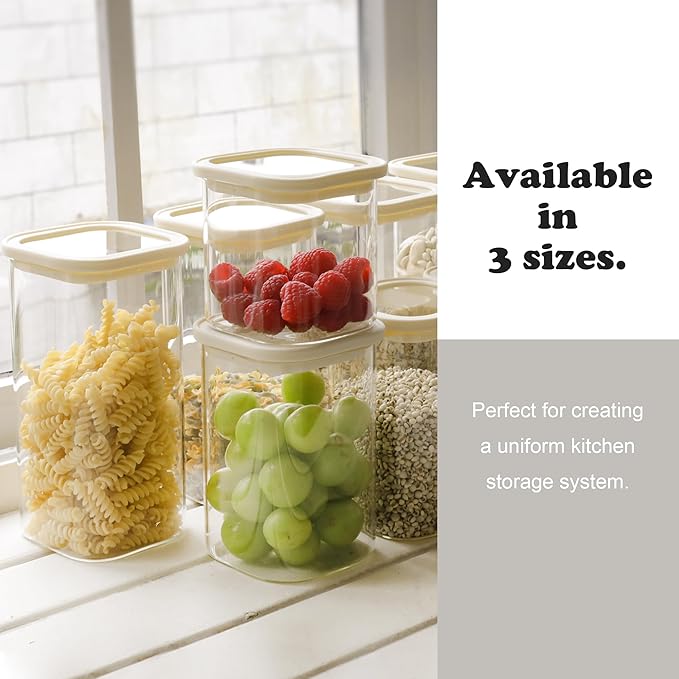 12pcs Square Glass Pantry Storage Containers with See Through Lids Kitchen Jars Sets for Cereal, Chips Refrigerator Safe, Professional Glass Canisters, Patent Approved (12PCS/MIX)
