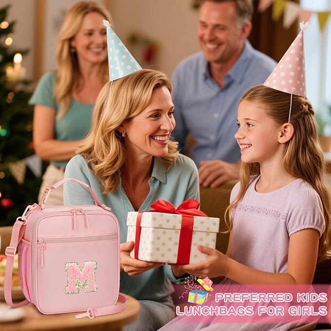 Initial Insulated Lunch Bag for Girls Kids, Back to School Gift, Reusable Leak-proof Lunch Box with Adjustable Strap for School Daycare Travel Picnic (Pink,M)