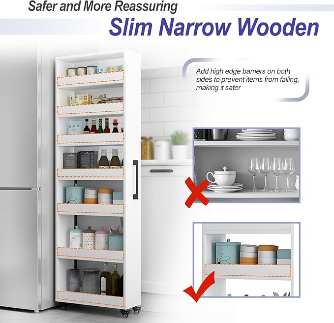 7-Tier Slim Storage Cart, Wooden Rolling Pantry Cabinet with Wheels, Narrow Shelf Organizer for Kitchen, Bakers Rack, Dining Room, Closet, Small Spaces Dark Walnut 73.2''H*7.8''W*19.6''D