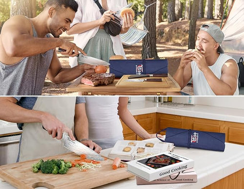 14pcs Chef Knife Set with Roll Bag, Professional Stainless Steel Japanese Knife Set with Pakkawood Handle for Professional Chef, Camping, Travel, BBQ, RV or Gift Blue